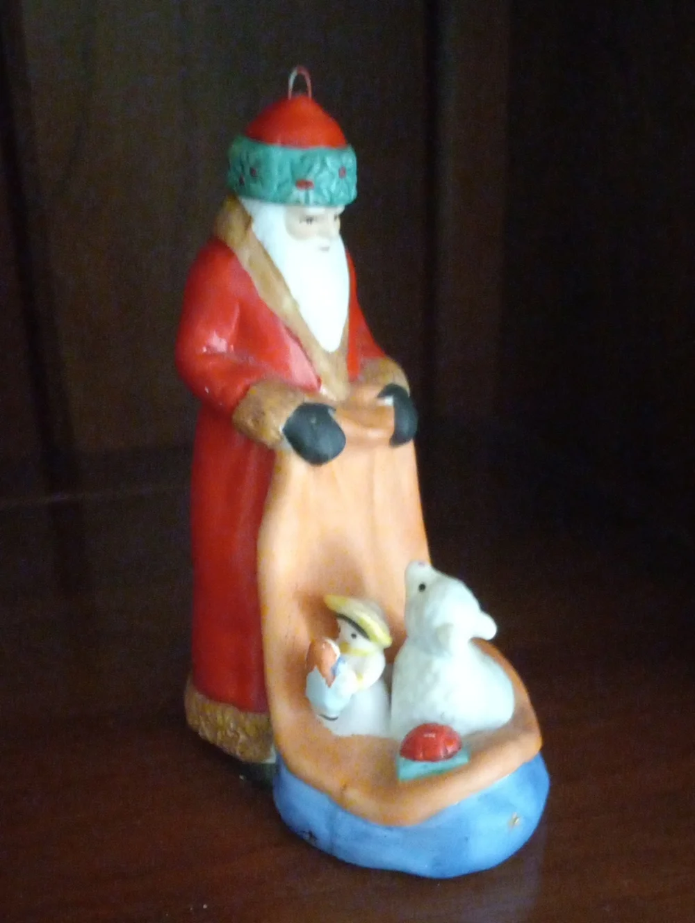 Vintage 1987 Schmid Porcelain Santa Ornament Figurine Ornament with Lamb & Child